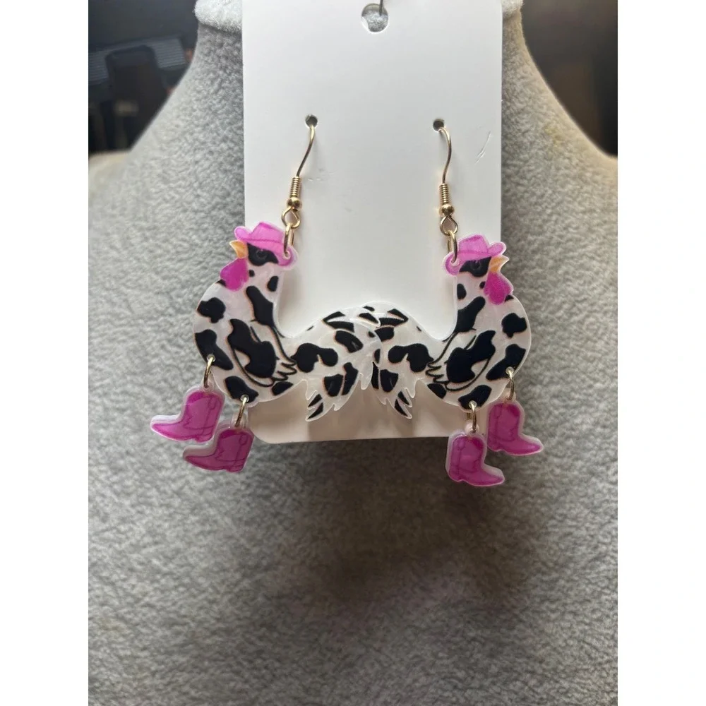 #45. Whimsical Acrylic Cowgirl Chicken Dangle Earrings
